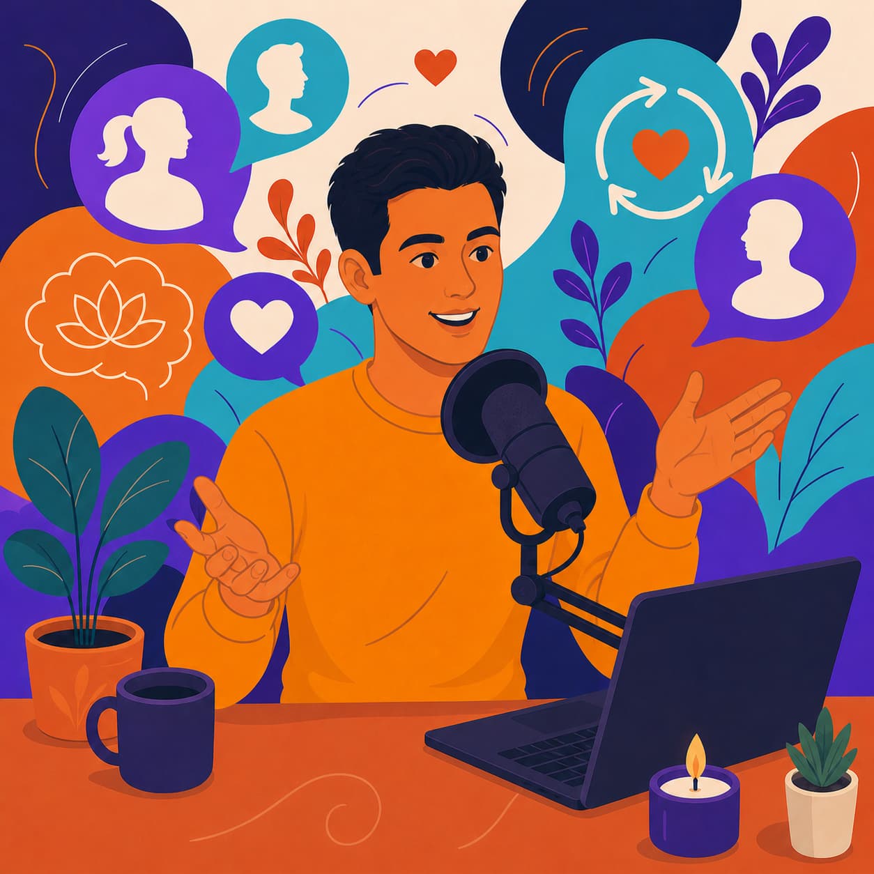 An illustrated wellness creator recording educational content and connecting with their audience.